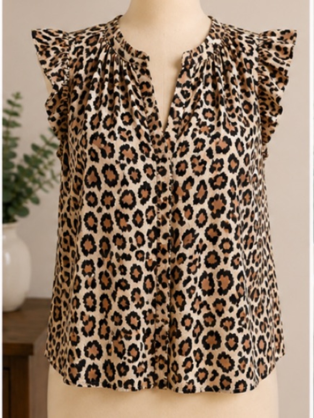 Leopard Print Ruffle Sleeve Camisole - Beige/Tan